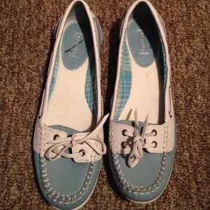Sky blue & white boat shoes.