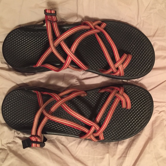 Red thin double strapped Chacos