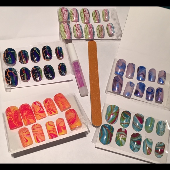 5 Sets Water Marbled/Crackle Nails W/Glue & File