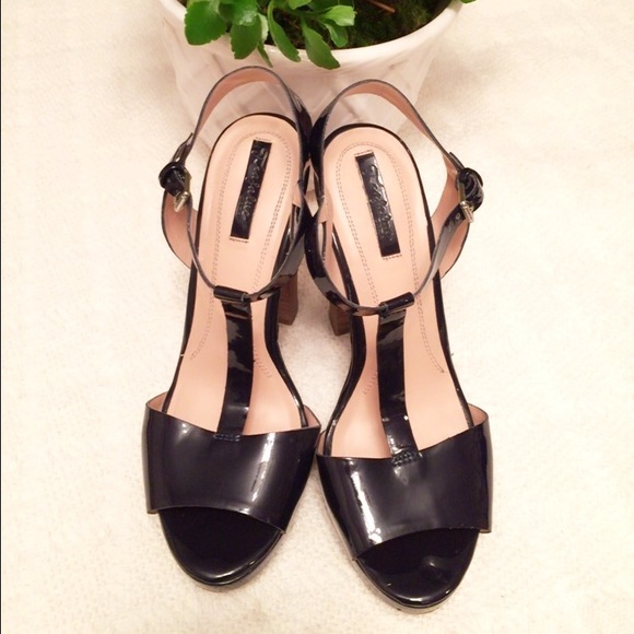 Zara Trafaluc t-strap black patent open toe heels