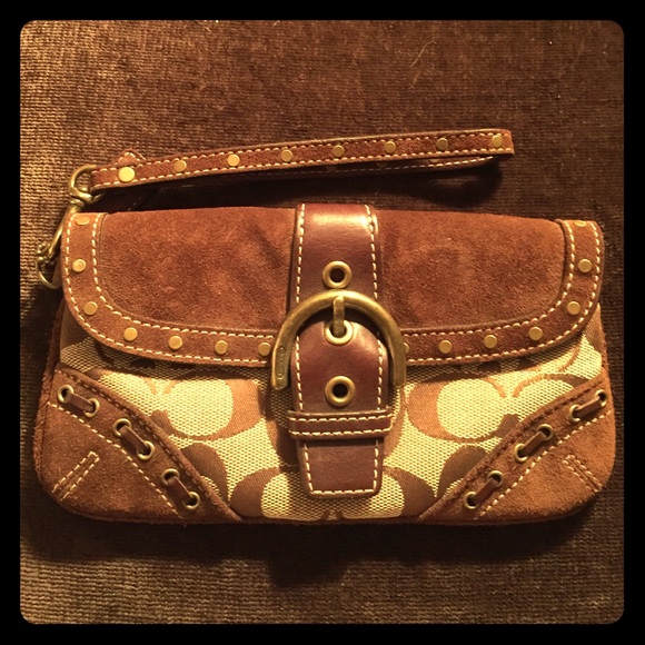 Coach Leather & Suede Wristlet w/ Brass Detail