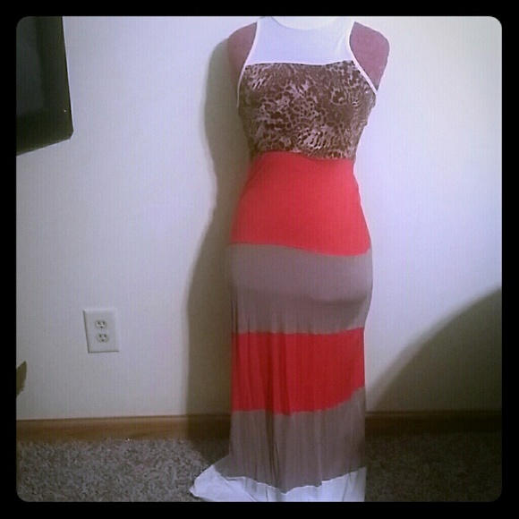 Leopard white red and tan maxi dress.