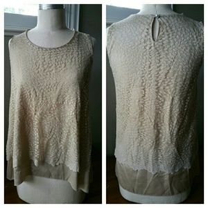 Lace Overlay Cream Sleeveless Blouse