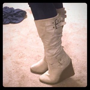 Light tan faux suede boots.