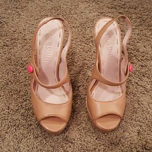 Tan Peep Toe Heels With Neon Pink Heel And Button