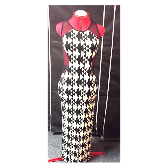 Black and white geometric dress with mesh inserts
