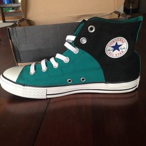 Black/teal converse slip on high tops