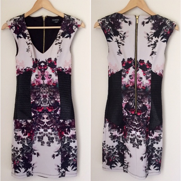 Bebe Floral/leather Design Bodycon Dress - Picture 1 of 2