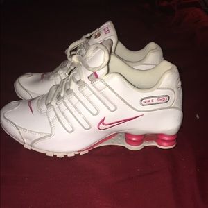 Pink and white nike shox