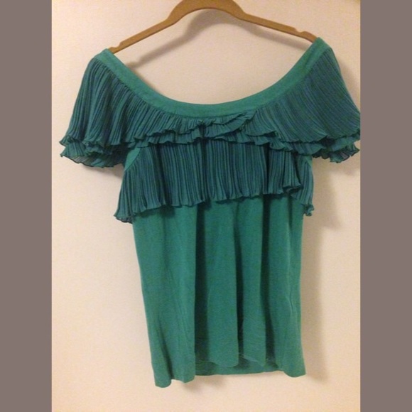 BCBG Aqua Teal Almost Off Shoulder Layered Ruffles - Picture 2 of 4