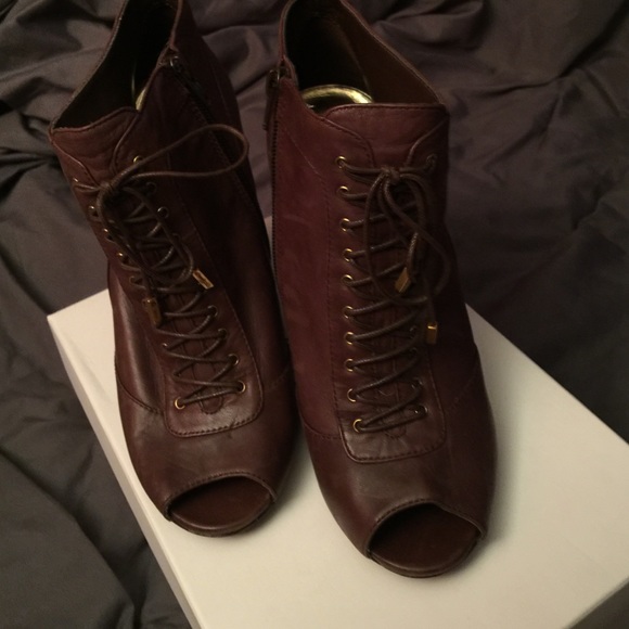 Brown leather peep toe booties