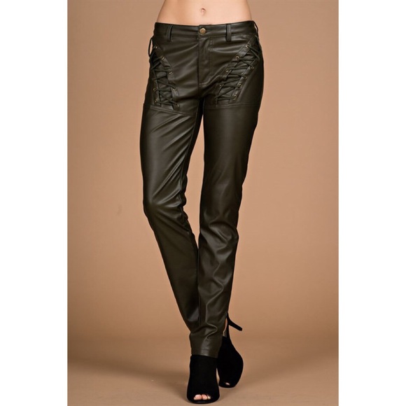 X "Islay" Olive Faux Leather Pants - Picture 2 of 4