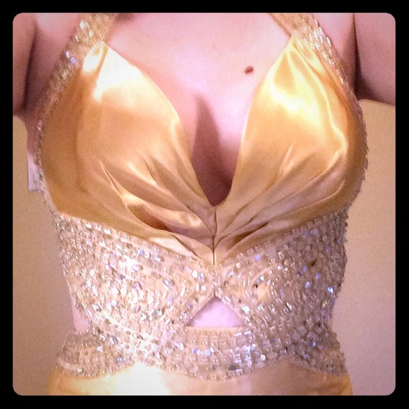 Tony Bowls - backless, beaded gold satin gown
