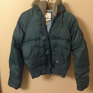Grey puffy  jacket with faux hood