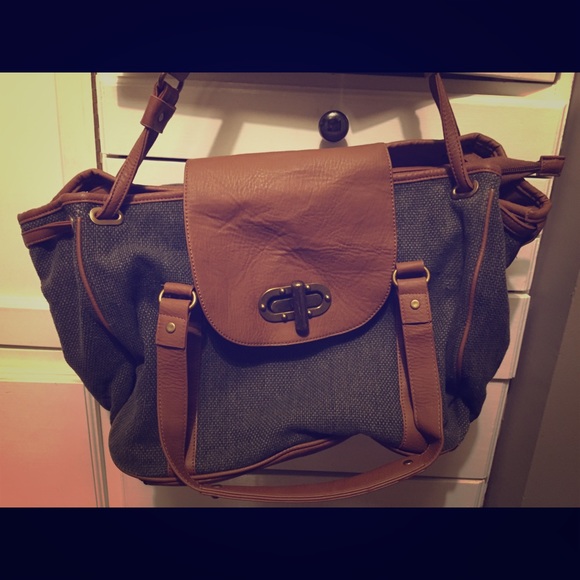 Gray with brown faux leather handbag - Picture 1 of 3