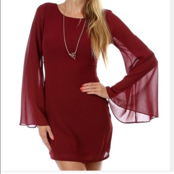 red long sleeve chiffon dress