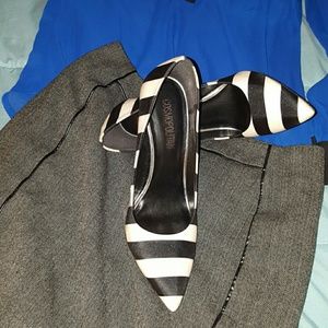 White and black striped heels