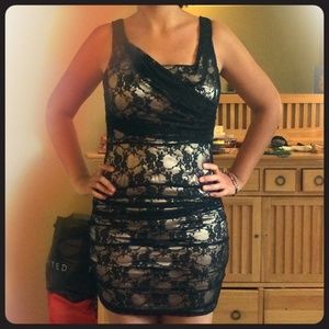 Black lace with champagne pink satin under layer