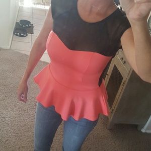 NWT Coral & black mesh peplum top