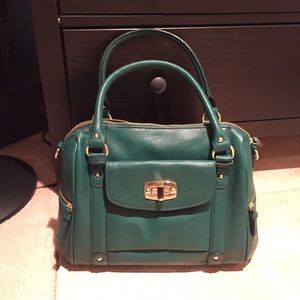 Green satchel handbag gold accents