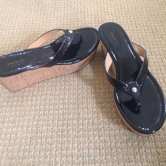 Like new Coach paten wedge flip flops.