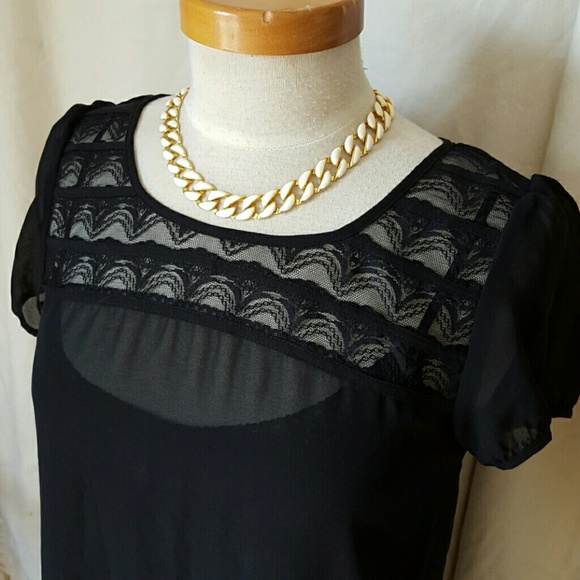 Black sheer lace short sleeve blouse top