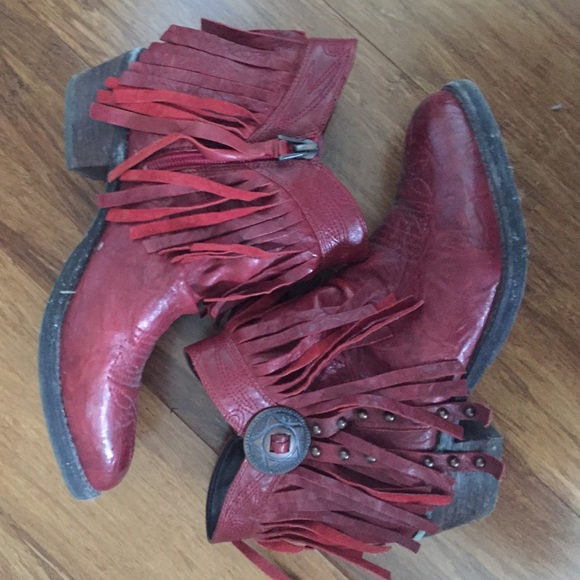 Red fringe ankle boot