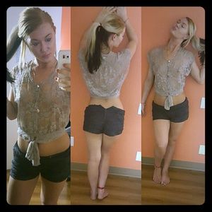 Beige see through printed button up tied top