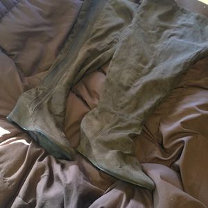 Thigh high brown boots. Wide calf. Wedge heel