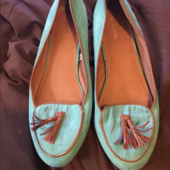 Robins egg  blue and camel slip ons