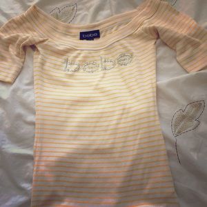 Bebe logo boat neck stripe top