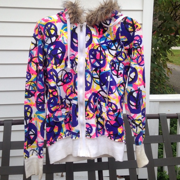 Multi colored peace sign zip up warm hoodie
