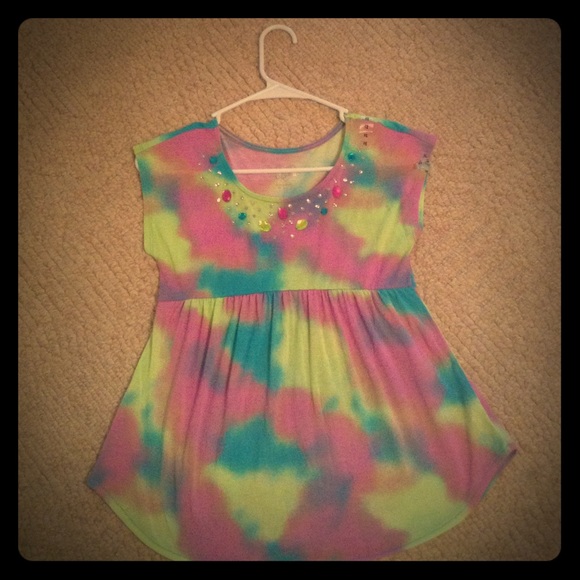 multicolor shirt gems and sparkles at the neckline