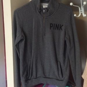 grey 1/4 zip Victoria's Secret sweatshirt.
