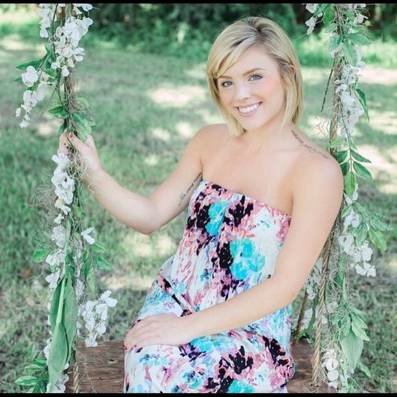 Watercolor print, strapless maxi dress