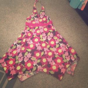 pink and brown flower dress with pink belt