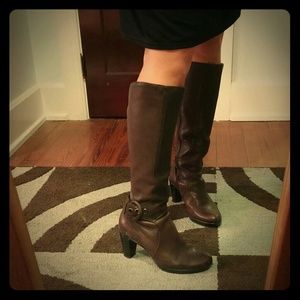 Clarks Brown Leather Heeled Boots with Buckle