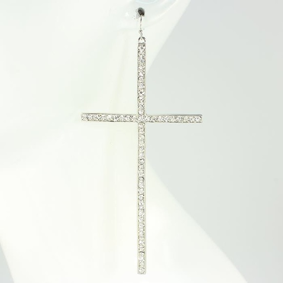 Silver Rhinestone Bar Cross Earrings