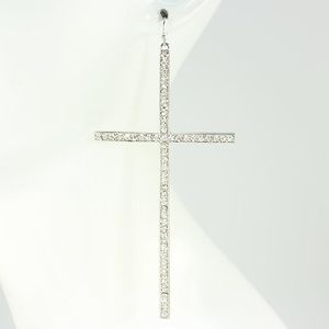 Silver Rhinestone Bar Cross Earrings