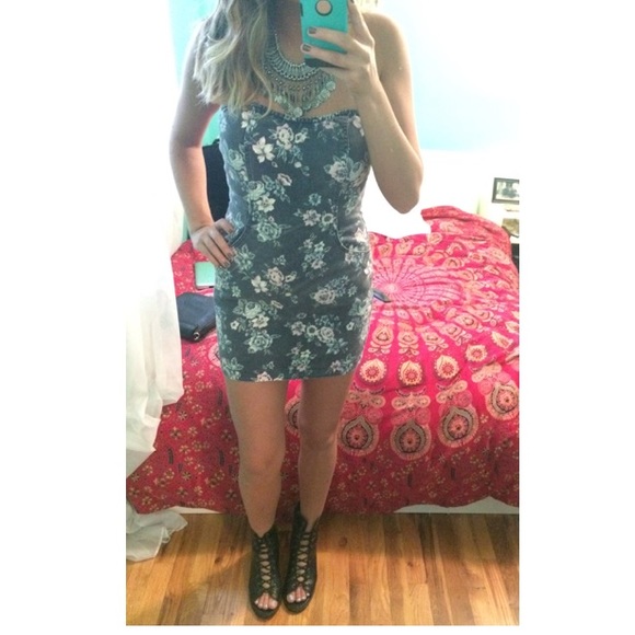 Floral denim strapless dress - Picture 1 of 3