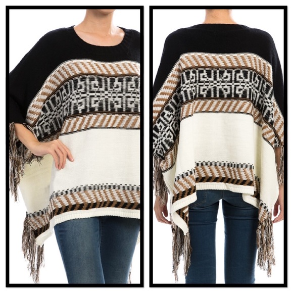 BLACK AND IVORY TRIBAL PONCHO SWEATER- NWT - Picture 2 of 4