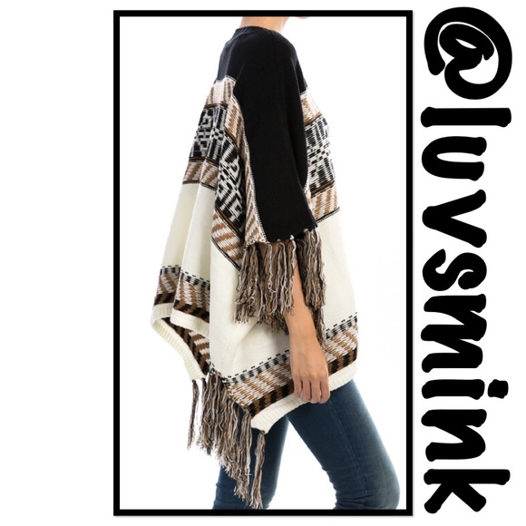 BLACK AND IVORY TRIBAL PONCHO SWEATER- NWT - Picture 3 of 4
