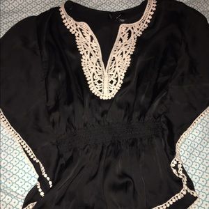 Black silk top with lace trim