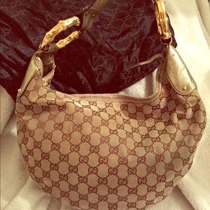 Authentic GUCCI Monogram Bamboo Ring Hobo Metallic