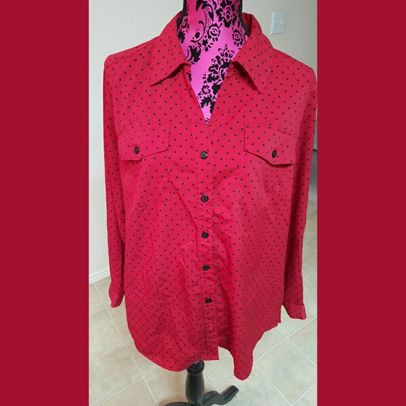 Red black polka dot button down top
