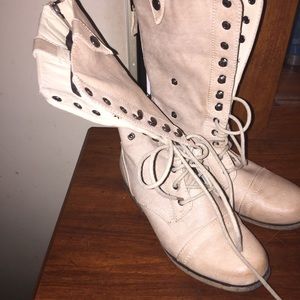Beige distressed tie up booties