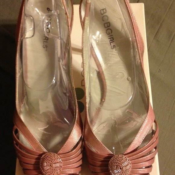 Bcbgirls metallic pink peeptoe pumps.