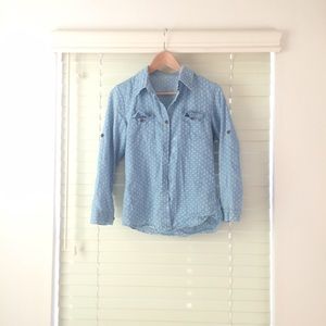 Polka dot blue chambray button down