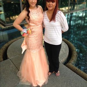 coral lace prom dress