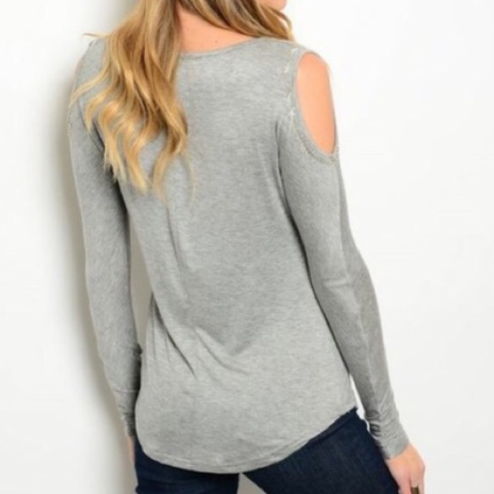 Embellished Gray Cold Shoulder long Sleeve Top - Picture 2 of 3